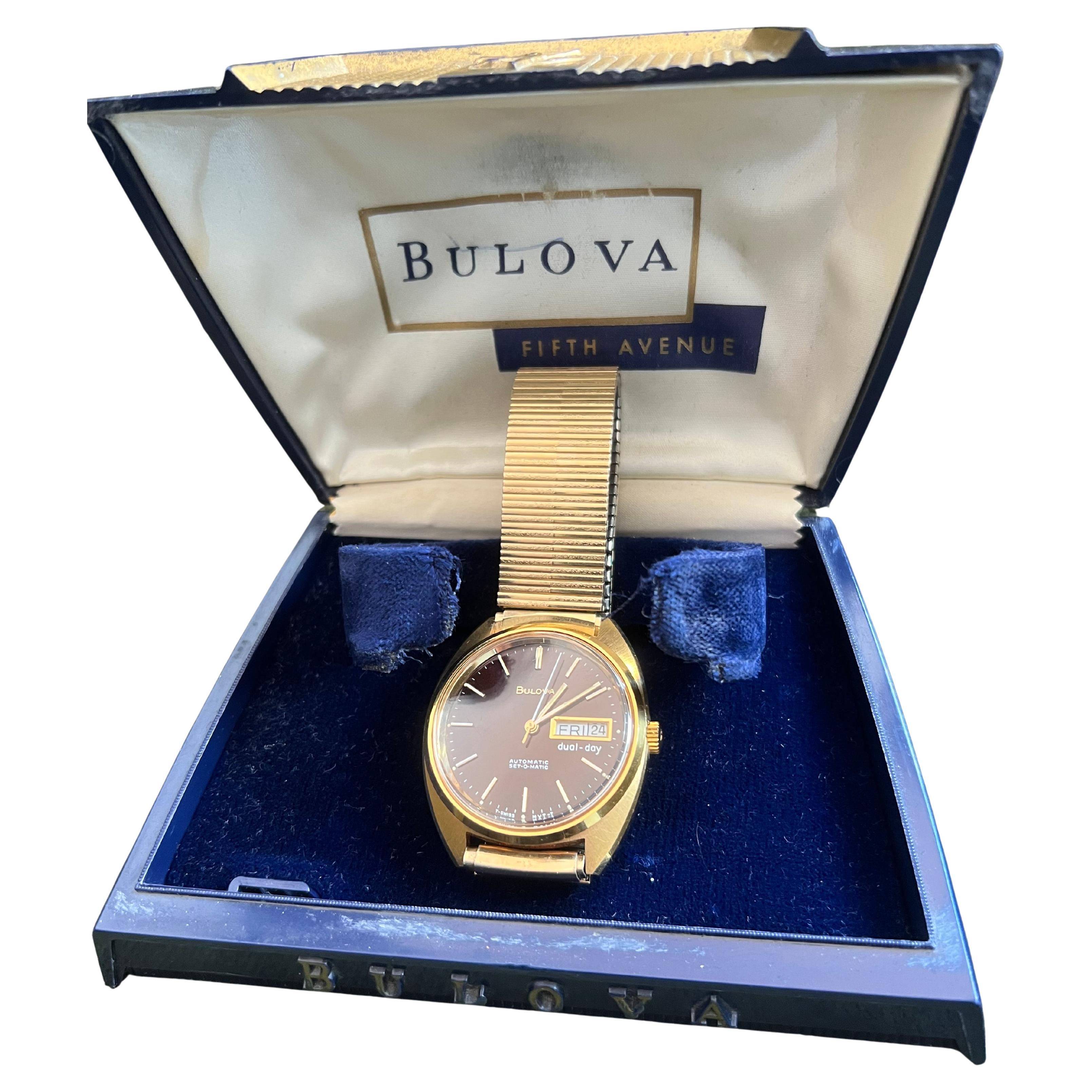 Vintage Black Face Bulova Stainless Steel Gold Tone In Original Fifth Ave Case