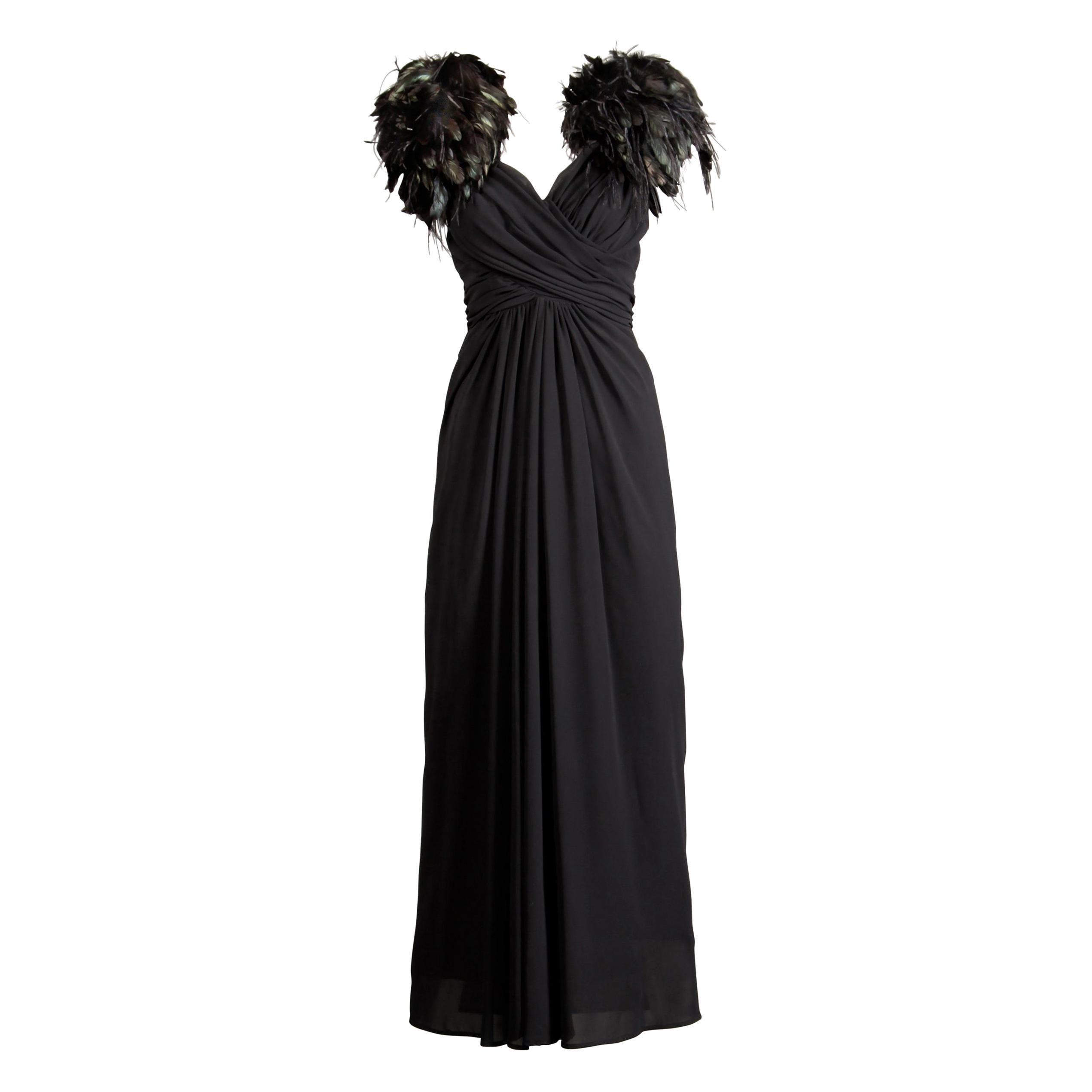 Vintage Black Feather Evening Gown For Sale
