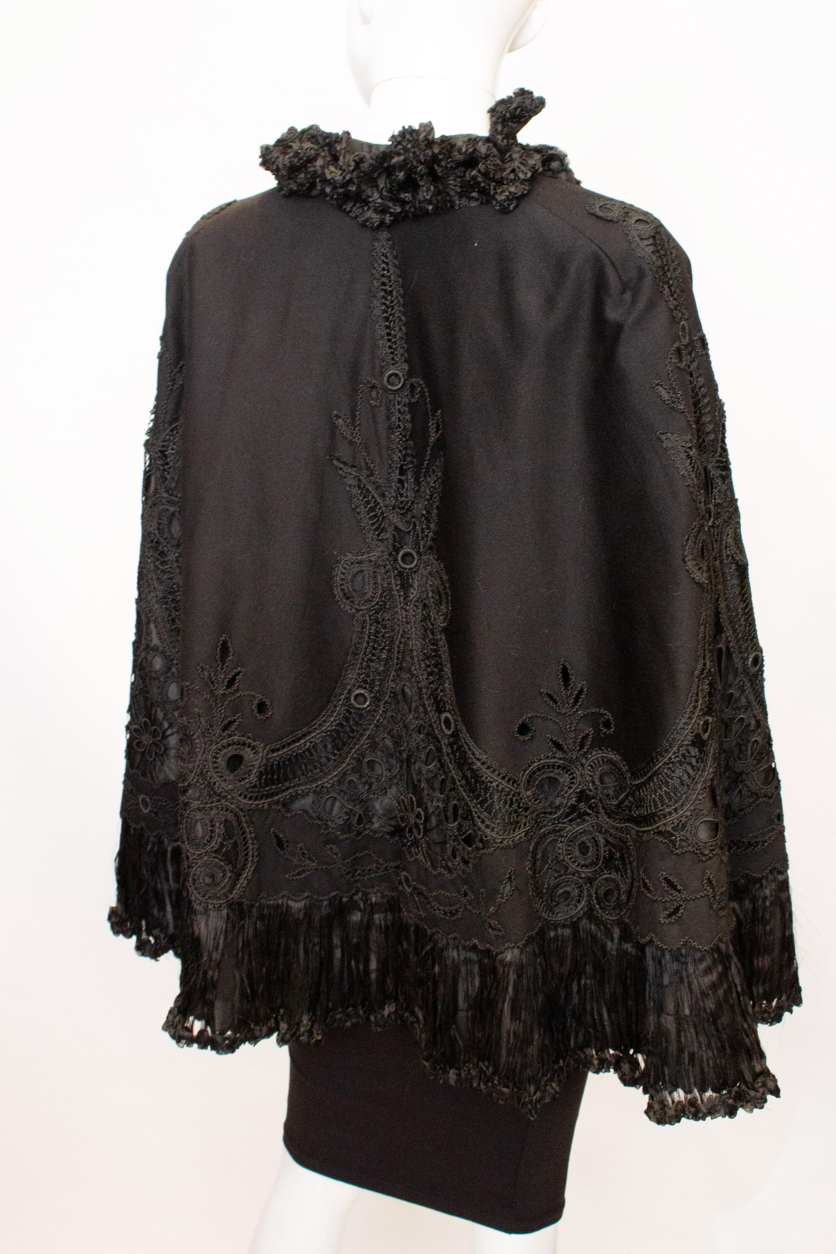 Vintage Black Felt Cape with Embroidery Detail. In Good Condition In London, GB