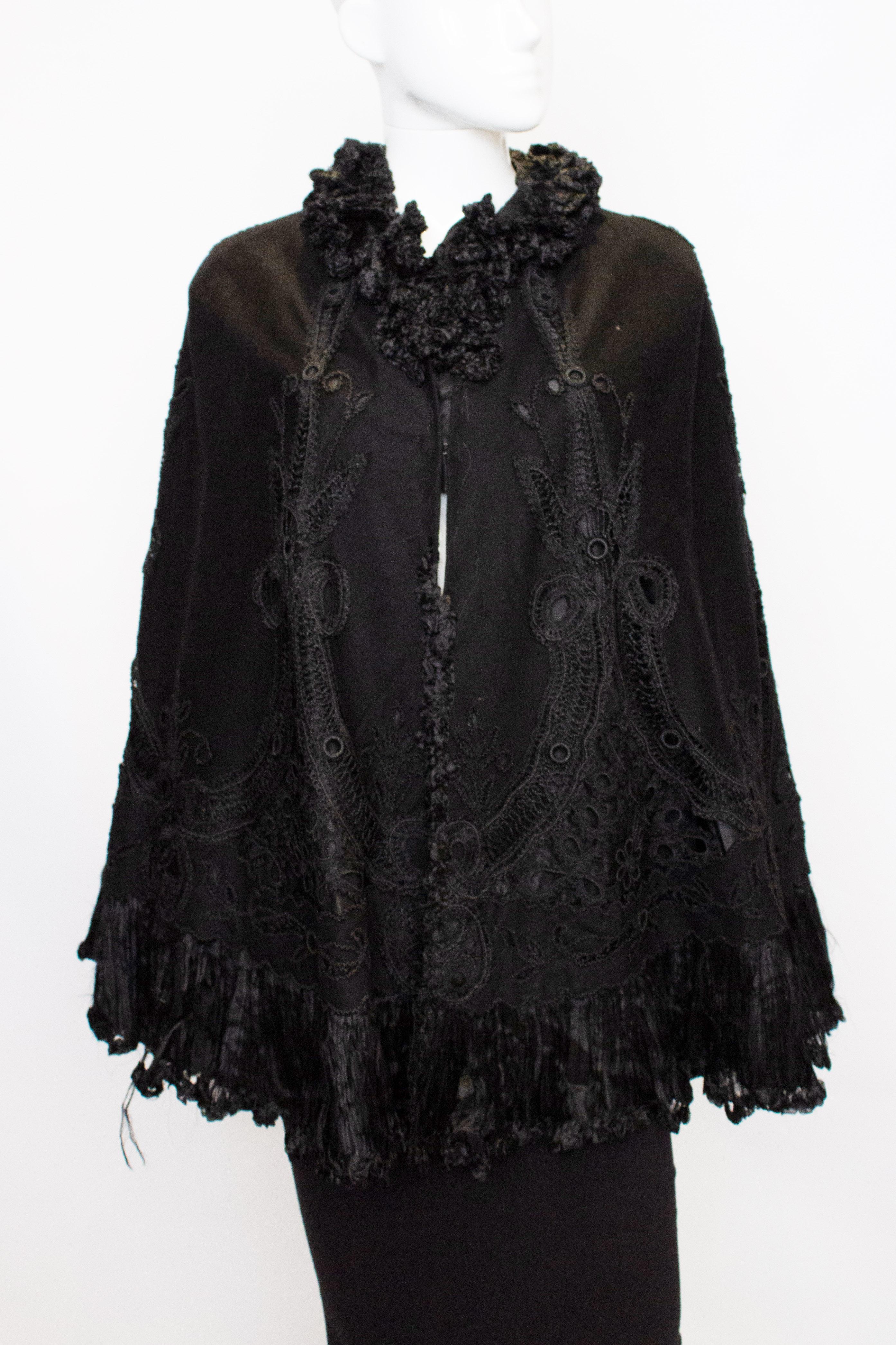 Women's Vintage Black Felt Cape with Embroidery Detail.