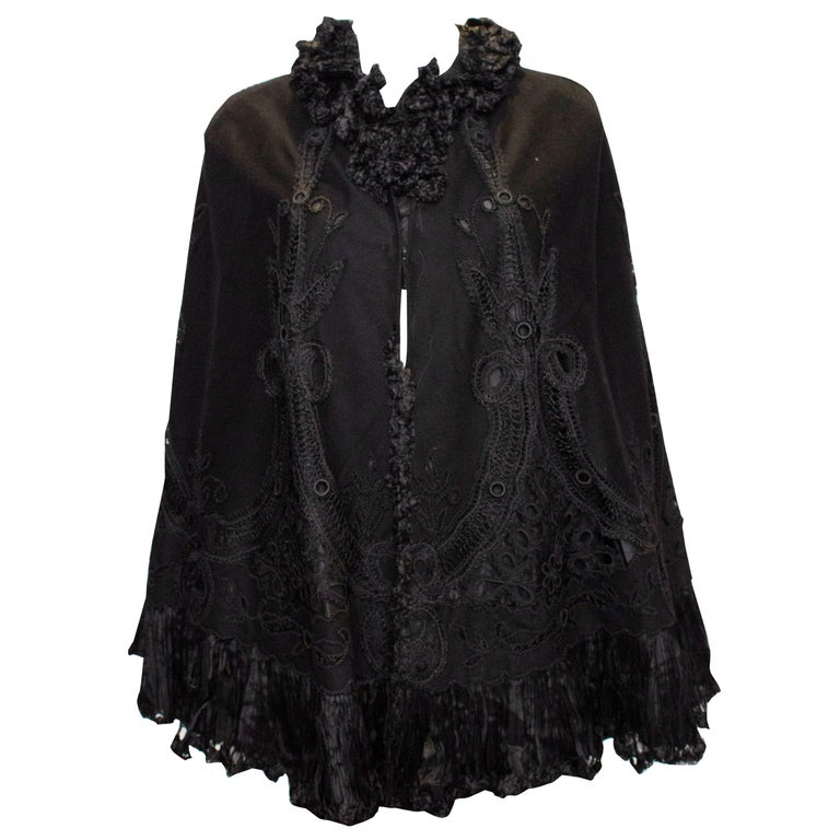 Vintage Black Felt Cape with Embroidery Detail. For Sale at 1stDibs