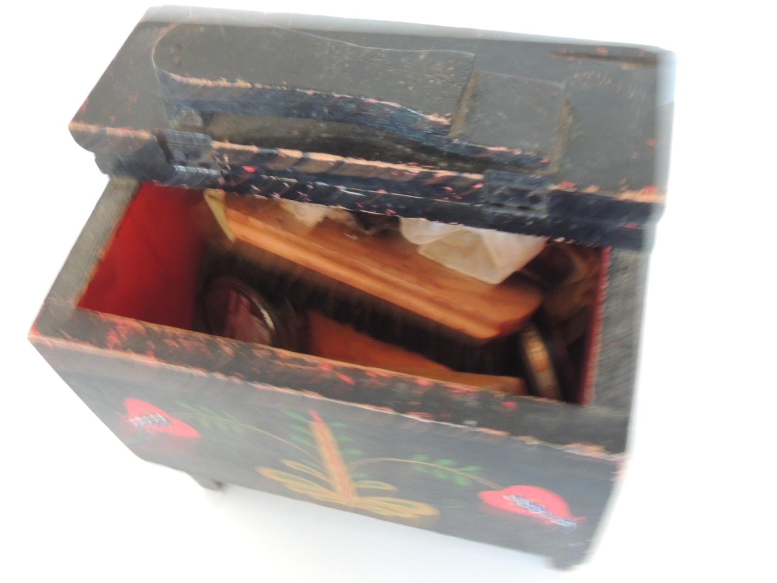 Mid-20th Century Vintage Black Folk Art Style Shoe Shine Box/Kit