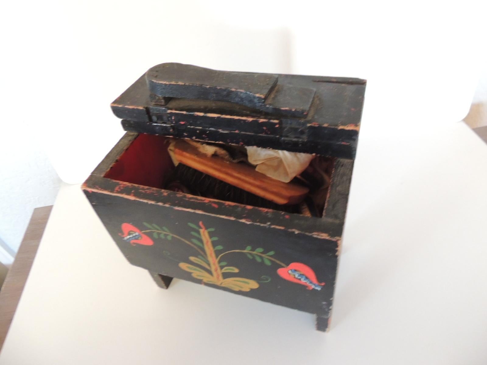 Wood Vintage Black Folk Art Style Shoe Shine Box/Kit