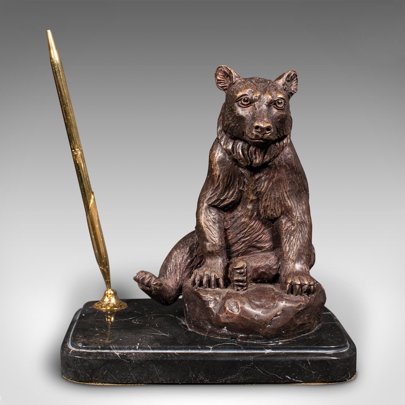 This is a vintage Black Forest bear pen rest. A German, bronze and marble decorative desk Stand, dating to the late 20th century, circa 1970.
Highly distinctive desk Stand with charming bear figure
Displays a desirable aged patina and in good