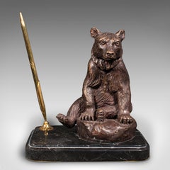 Vintage Black Forest Bear Pen Rest, German, Bronze, Marble, Decor, Desk Stand