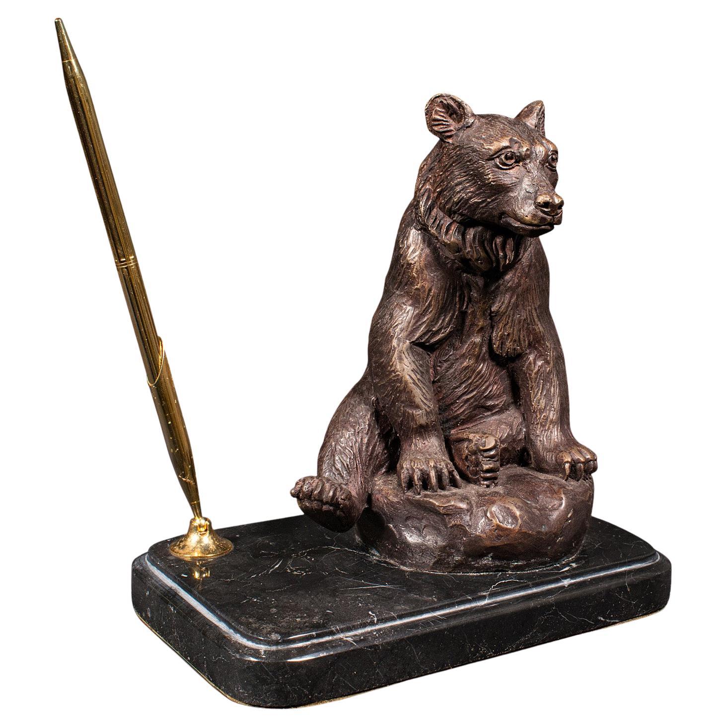 Vintage Black Forest Bear Pen Rest, German, Bronze, Marble, Decor, Desk Stand For Sale
