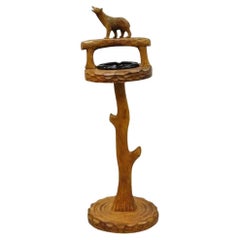 Vintage Black Forest Cabin Decor Carved Wood Bear Smoking Stand Floor Ashtray