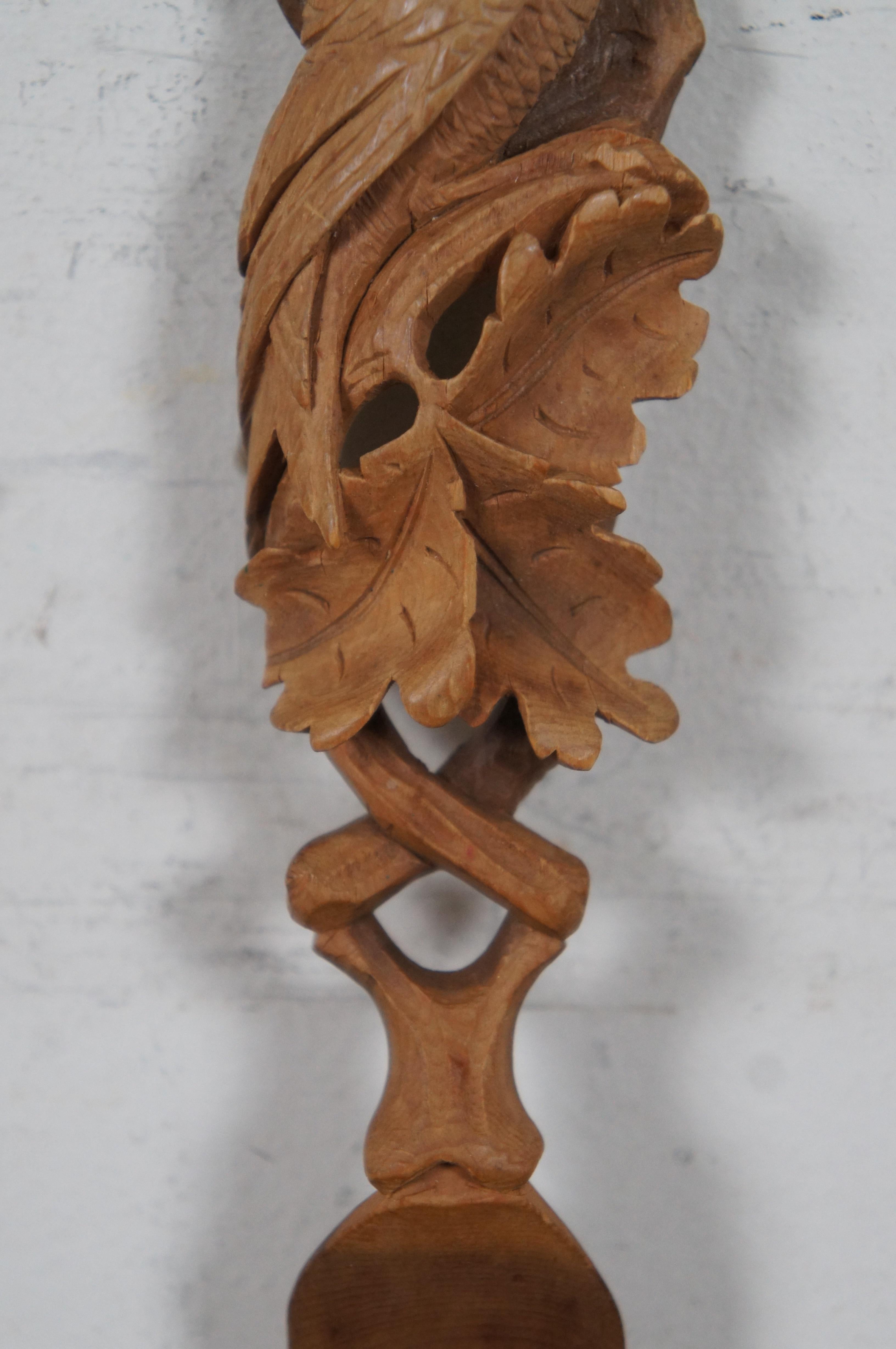 Vintage Black Forest Carved Serving Spoon & Fork Set Bird Oak Leaves 2