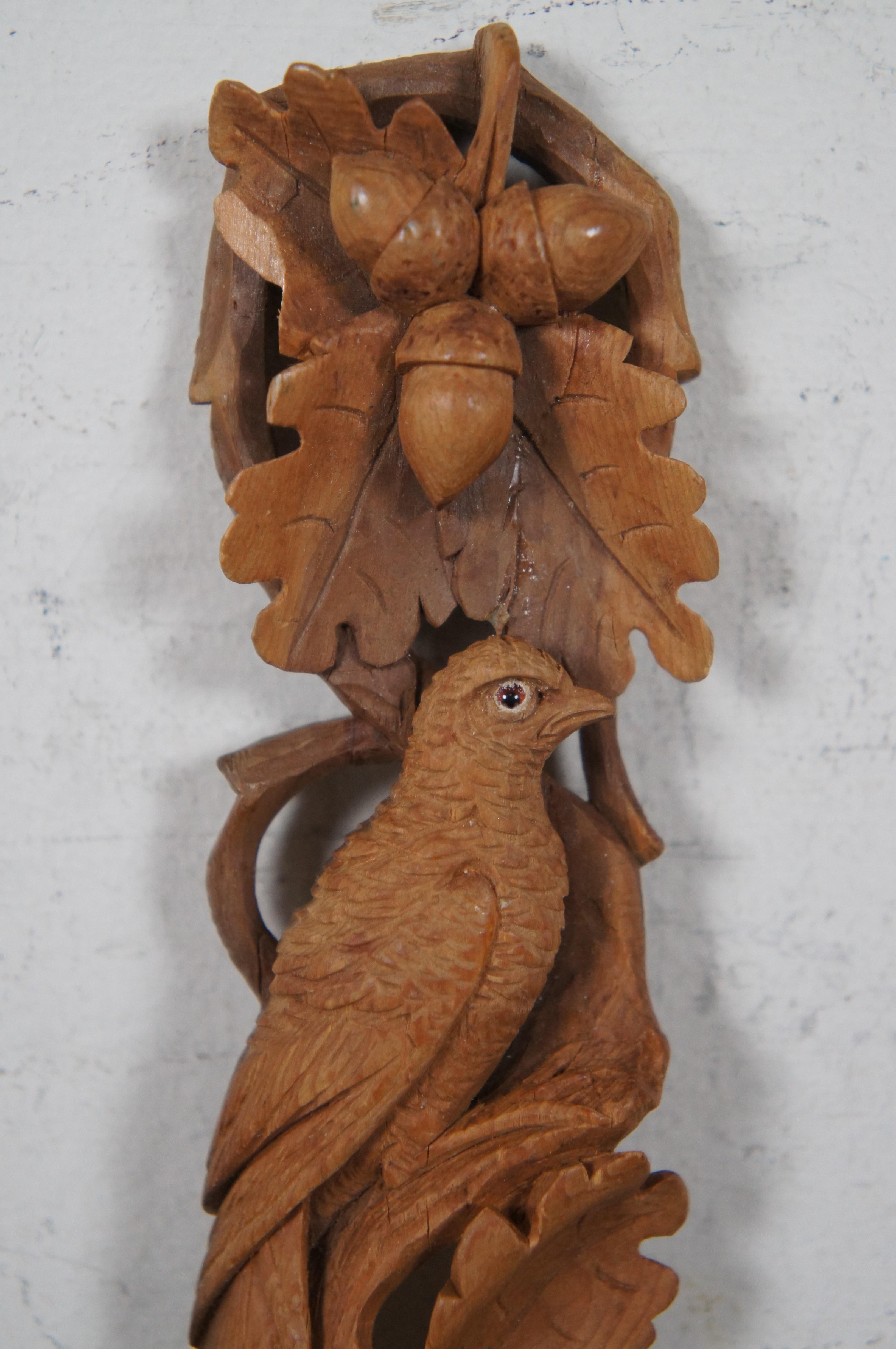 Vintage Black Forest Carved Serving Spoon & Fork Set Bird Oak Leaves 1