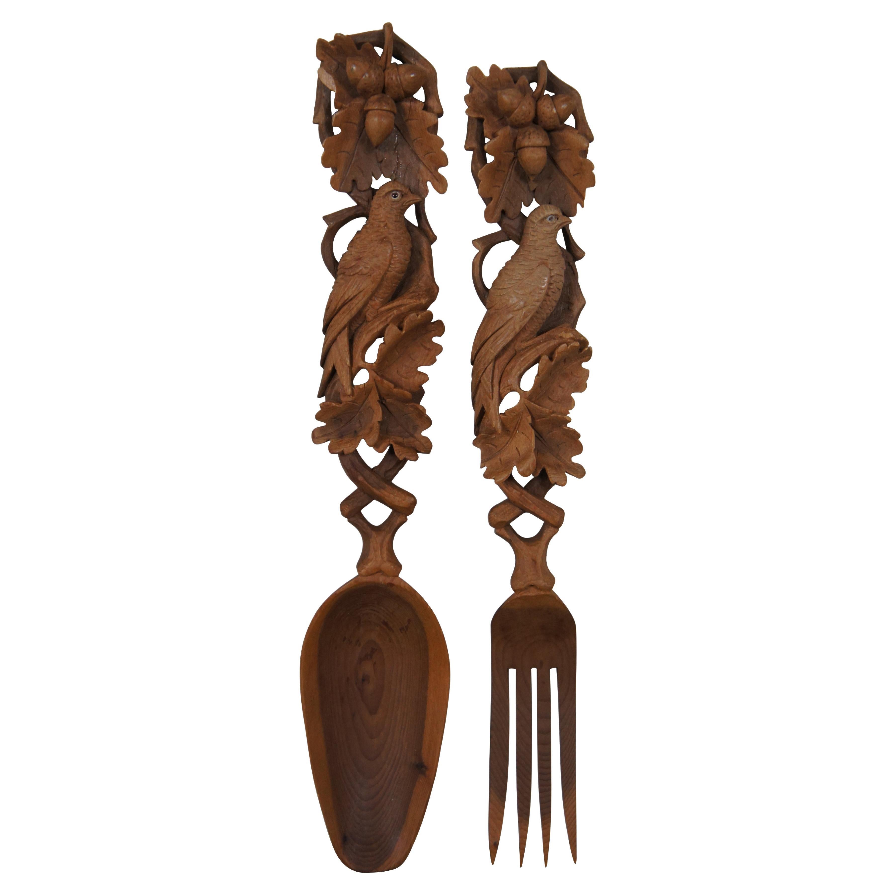 Vintage Black Forest Carved Serving Spoon & Fork Set Bird Oak Leaves