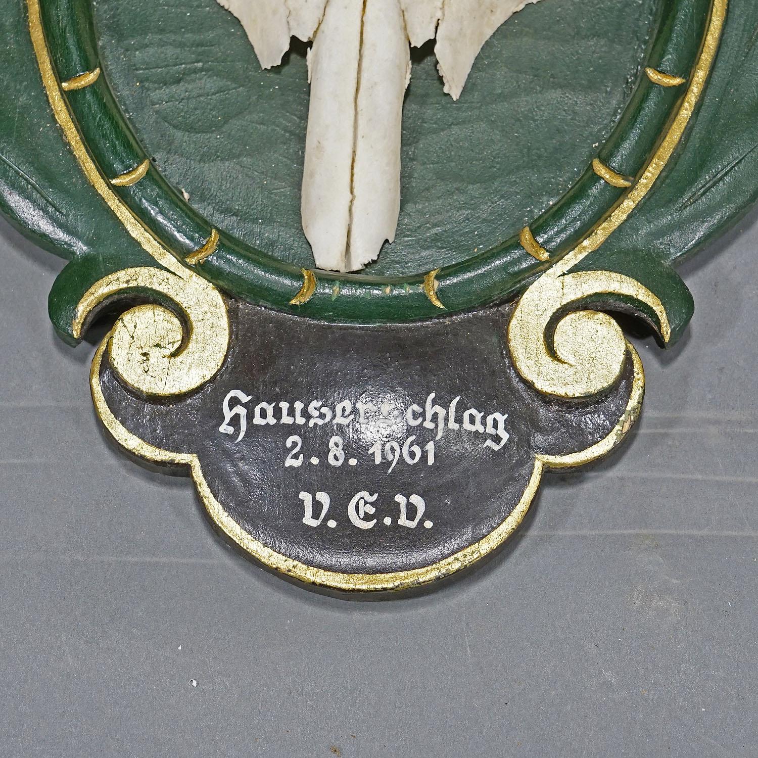 Sculpté Trophée vintage de chamois de Black Forest sur plaque sculptée 1961 en vente