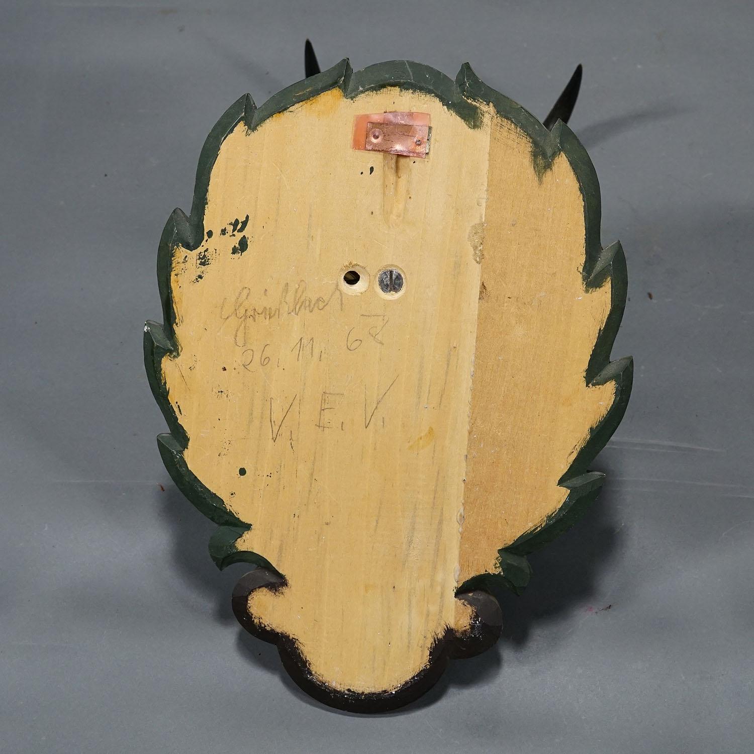 Antler Vintage Black Forest Chamois Trophy on Carved Plaque 1968 For Sale