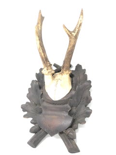 Vintage Black Forest Deer Antler Trophy on Wood Carved Plaque, German, 1900s