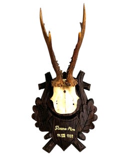Vintage Black Forest Deer Trophy Wood Carved Plaque, Austria 1959