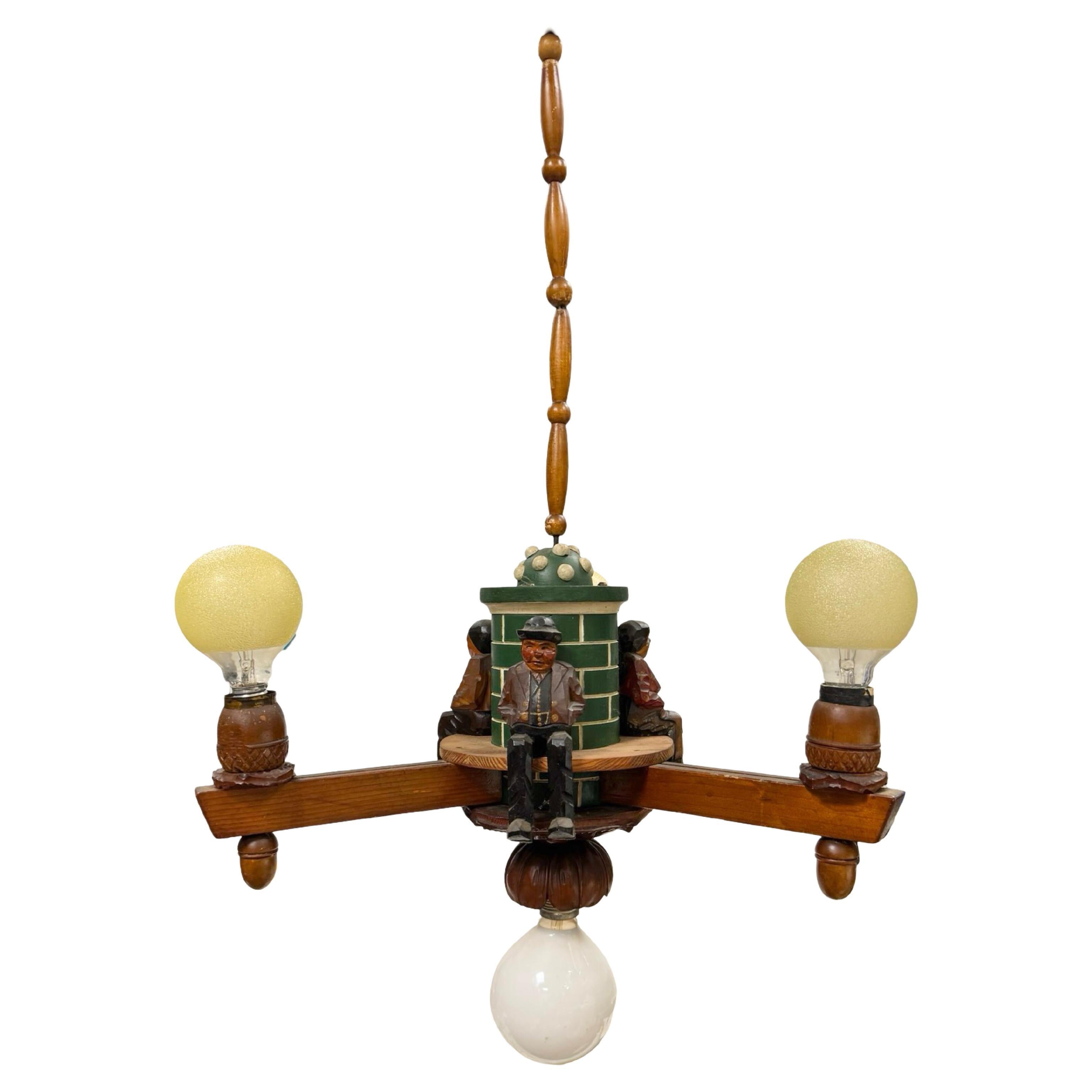 Vintage Black Forest Folk Art Austrian Anri Figure Chandelier, 1950s For Sale