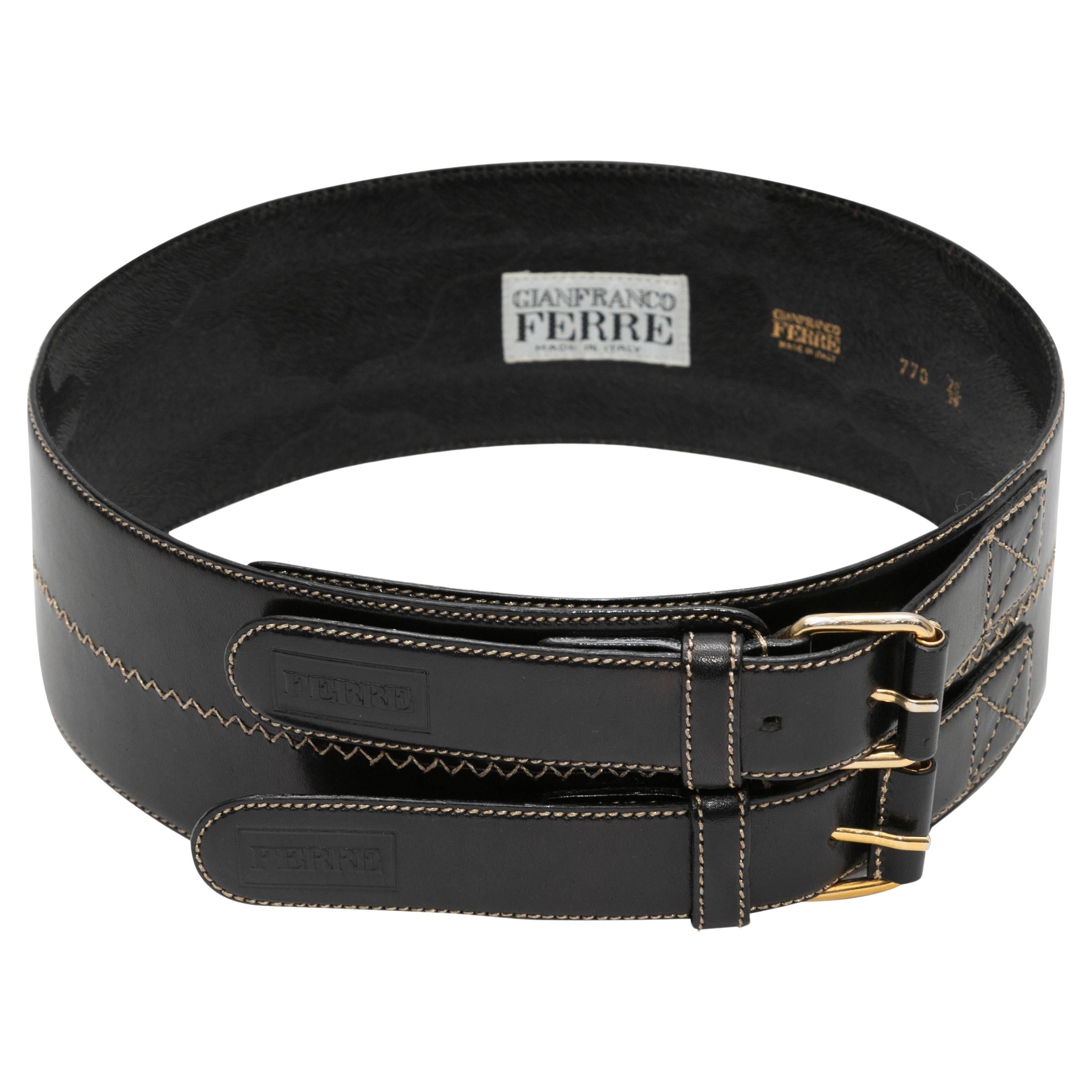 Vintage Black Gianfranco Ferre Wide Leather Belt Size US S For Sale