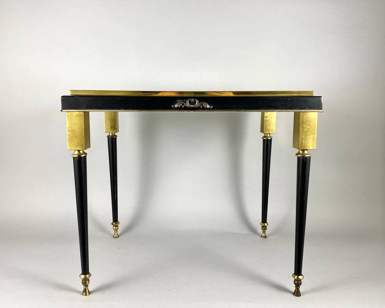 French Vintage Black Glass & Brass Table, France Black Glass Coffee Table For Sale