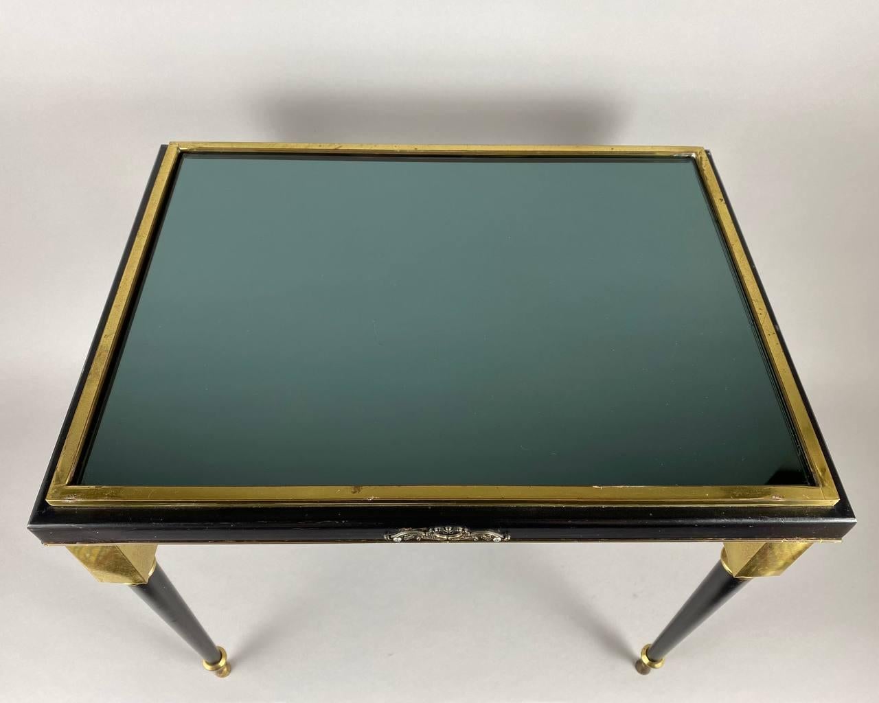 Vintage Black Glass & Brass Table, France Black Glass Coffee Table For Sale 4