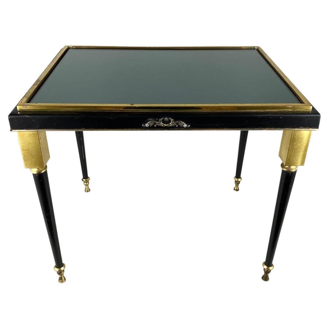 Vintage Black Glass & Brass Table, France Black Glass Coffee Table For Sale