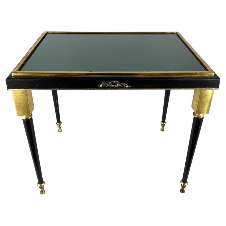 Vintage Black Glass and Brass Table, France Black Glass Coffee Table