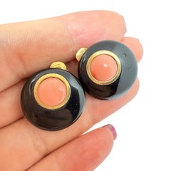 Vintage black glass natural pink coral gold tone designer 80's clip on earrings