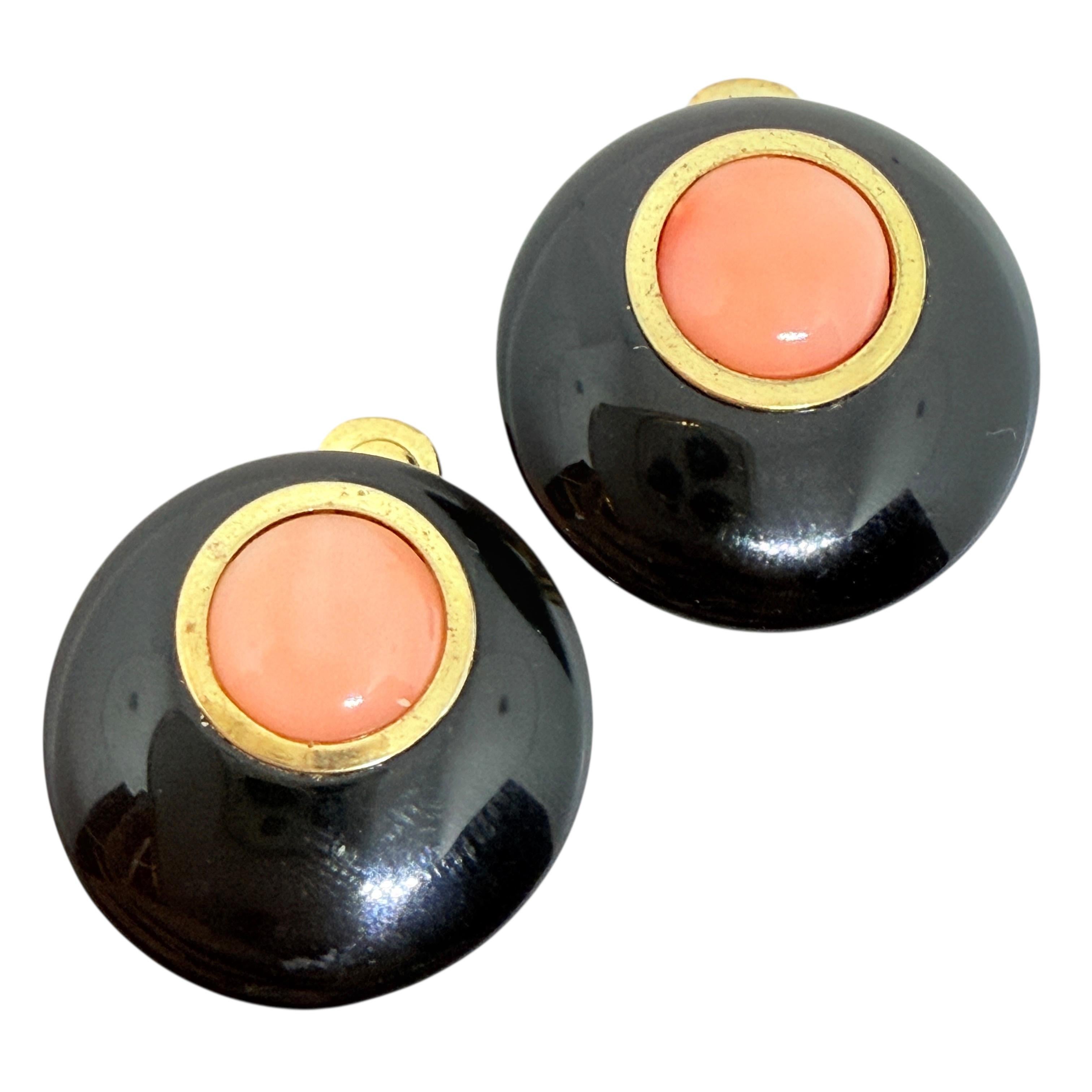 Pendientes de clip vintage de cristal negro coral rosa natural tono dorado de diseño años 80