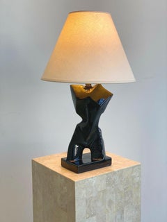 Vintage Black Glazed Ceramic Cubist Bust Lamp Attributed to Heifetz, 1950s