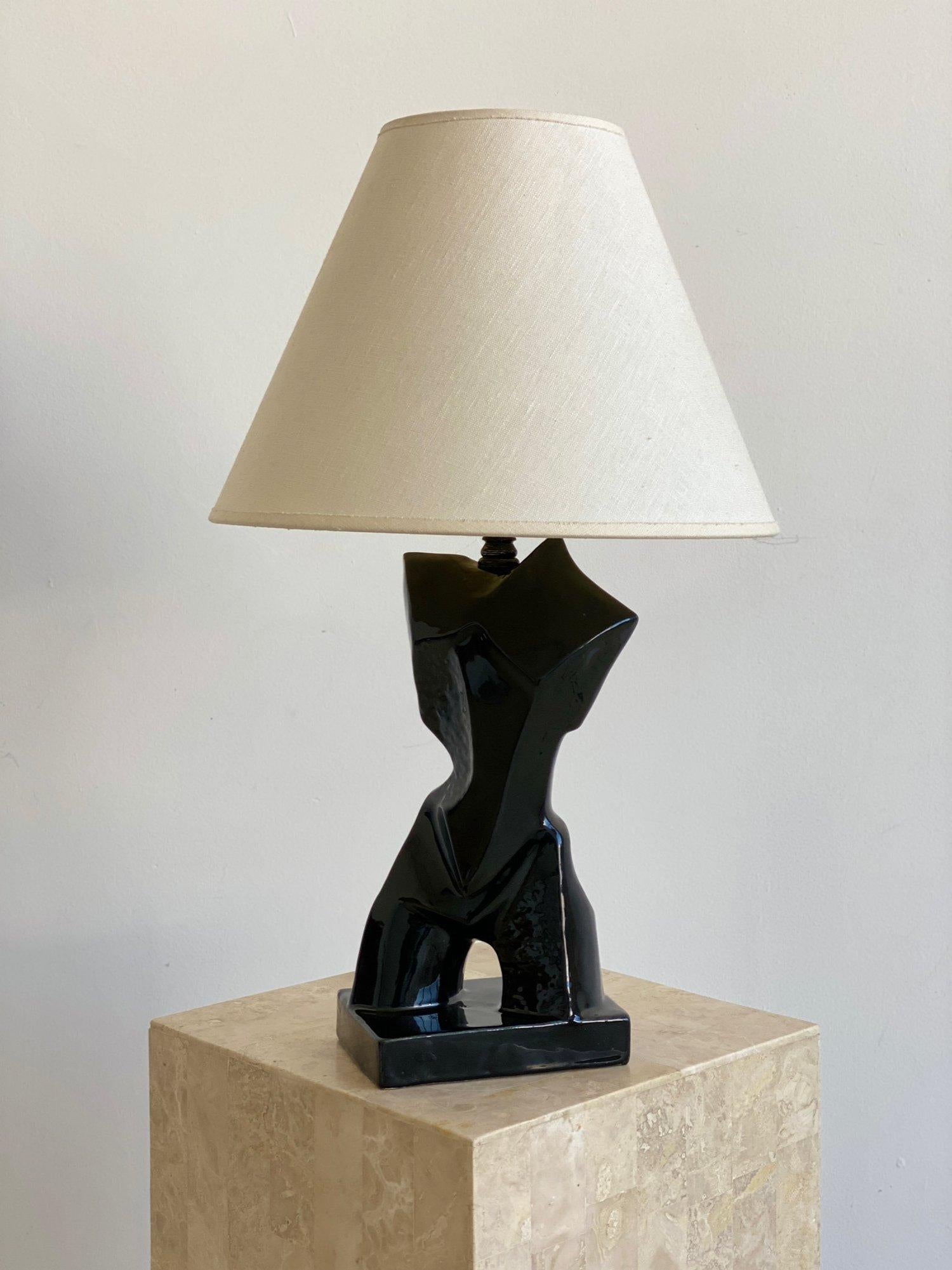 Mid-Century Modern Vintage Black Glazed Ceramic Cubist Bust Lamp Attributed to Heifetz, 1950s For Sale