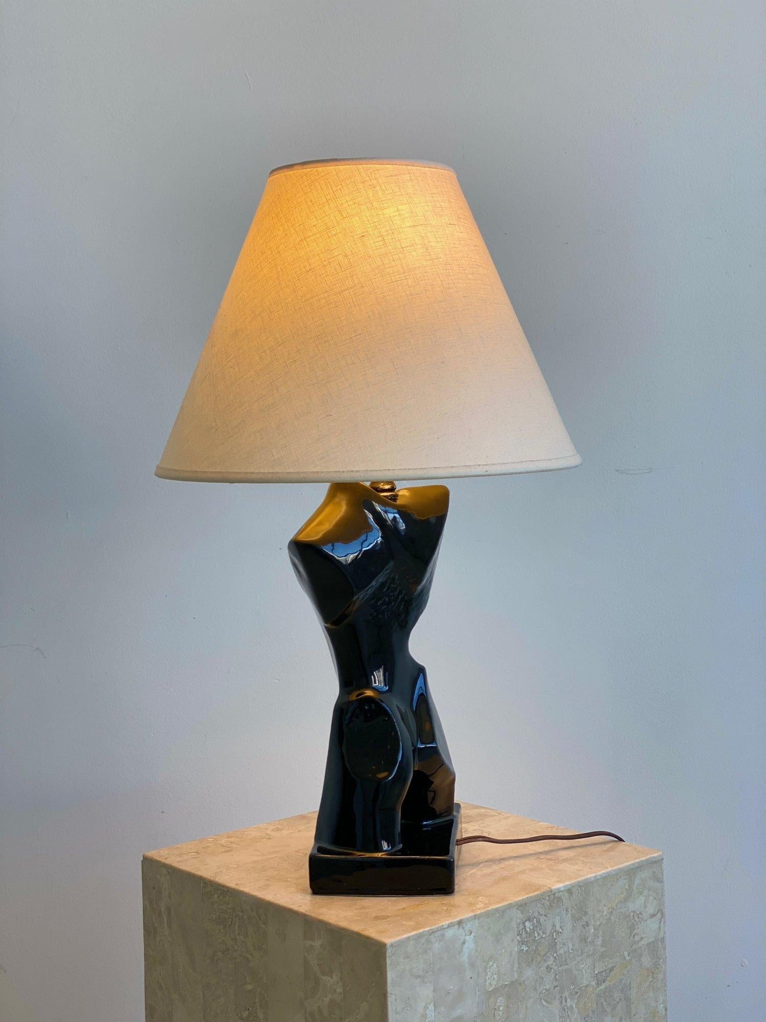 Vintage Black Glazed Ceramic Cubist Bust Lamp Attributed to Heifetz, 1950s For Sale 1