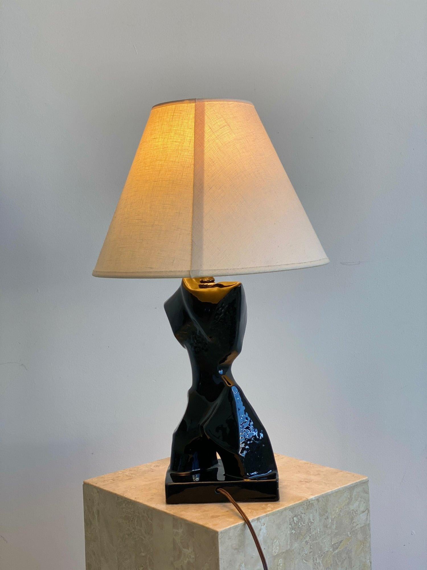 Vintage Black Glazed Ceramic Cubist Bust Lamp Attributed to Heifetz, 1950s For Sale 2