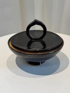 Vintage Black Glazed Ceramic Lidded Bowl with Sculptural Ring Handle