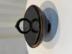 Vintage Black Glazed Ceramic Lidded Bowl with Sculptural Ring Handle