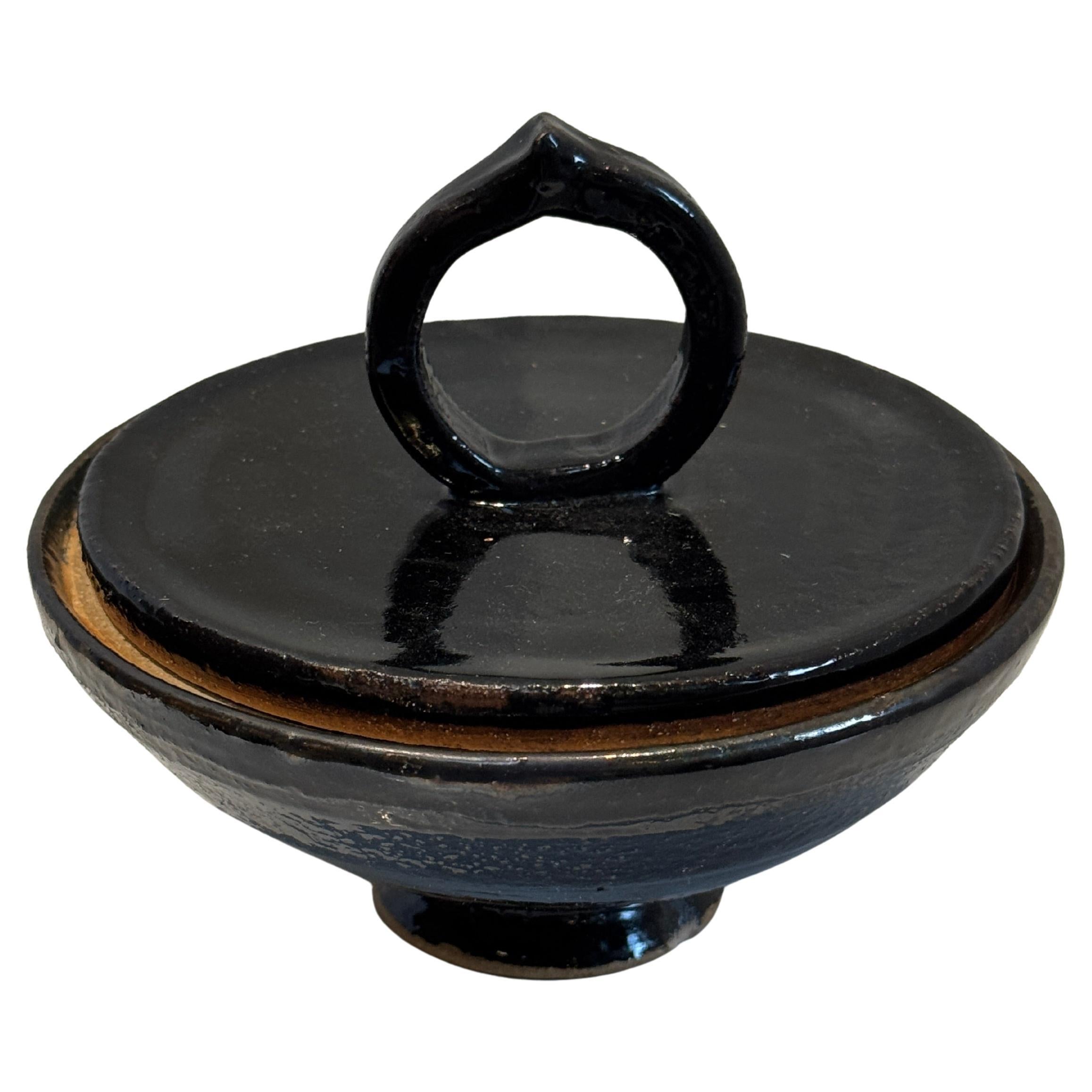 Vintage Black Glazed Ceramic Lidded Bowl with Sculptural Ring Handle