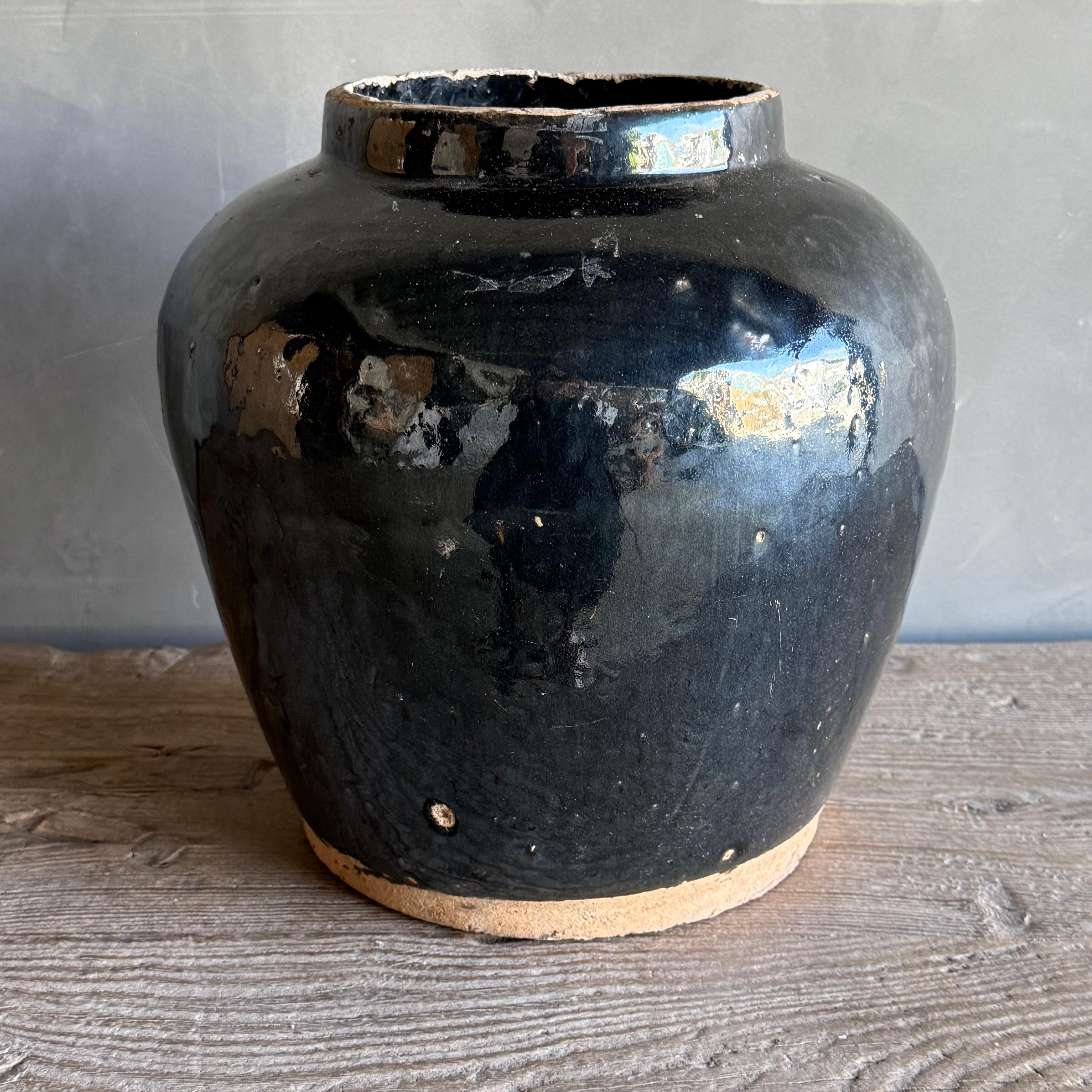 Organic Modern Vintage Black Glazed Pottery Medium Size For Sale