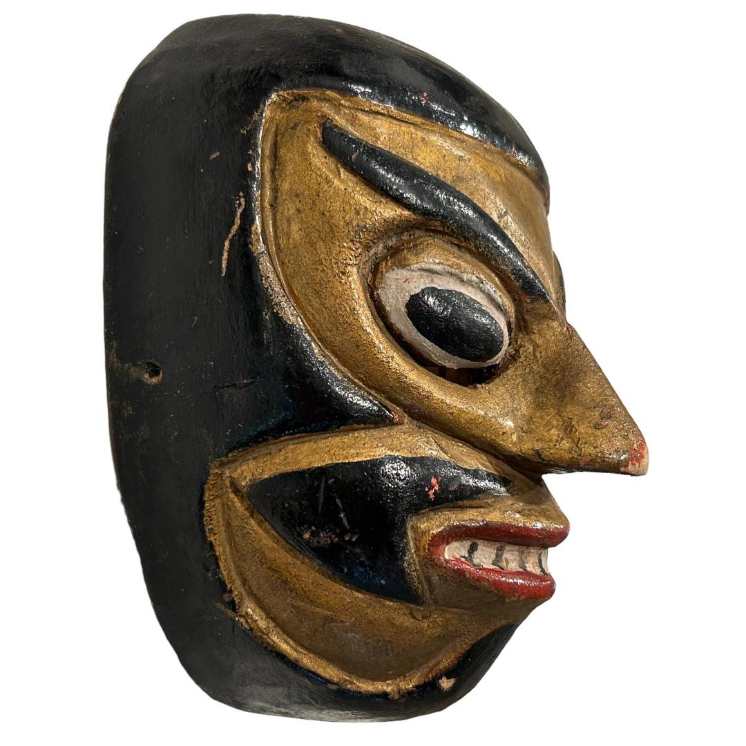 Vintage Black/Gold Bali Topeng Dance Mask Indonesia Hand Carved Balinese Artists In Good Condition For Sale In Naples, FL