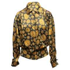Vintage Black & Gold Chanel Boutique Coin Print Silk Blouse Size FR 38