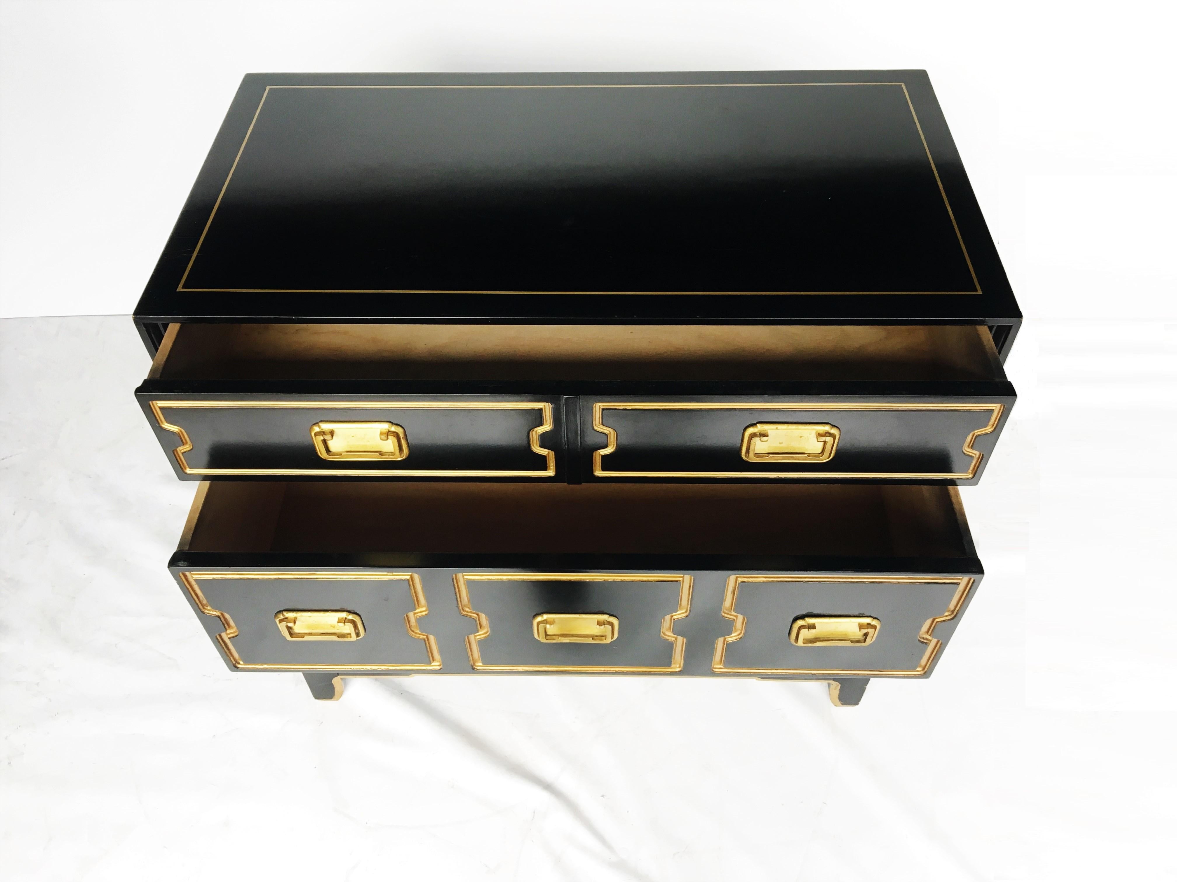 Hollywood Regency Vintage Black and Gold Dorothy Draper Style Chest For Sale