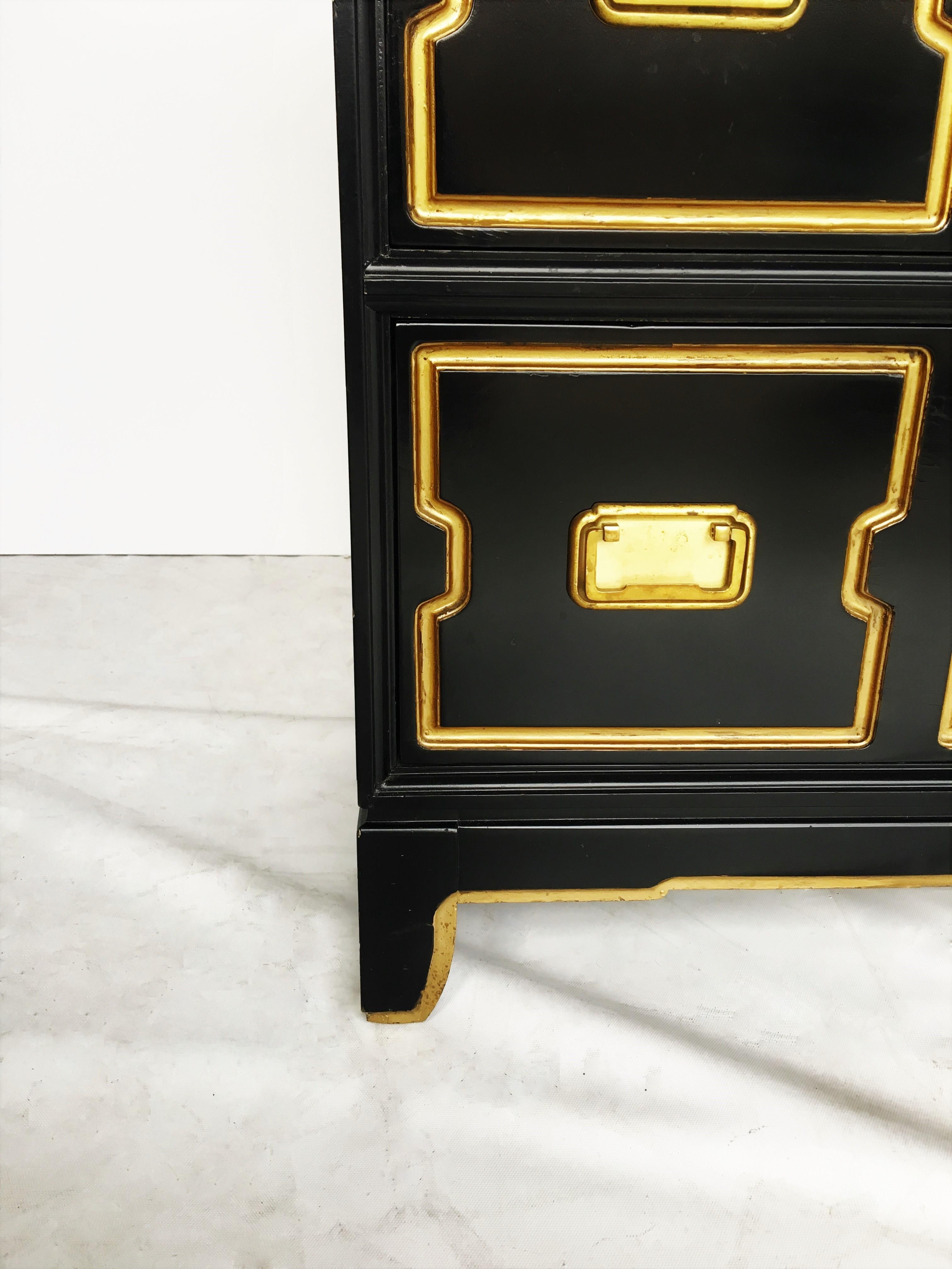 Lacquered Vintage Black and Gold Dorothy Draper Style Chest For Sale