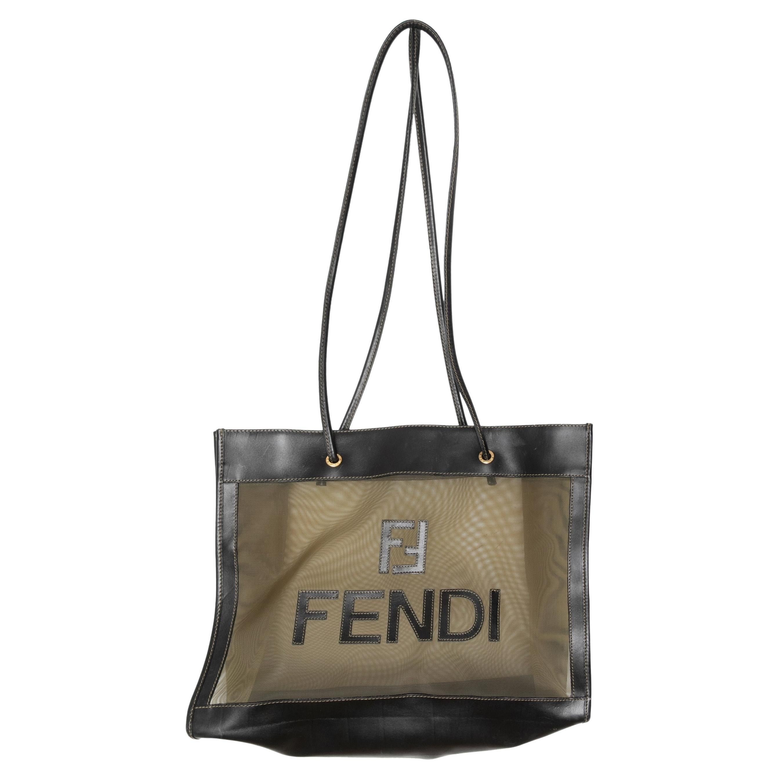 Vintage Black & Gold Fendi Mesh & Leather Tote Bag For Sale