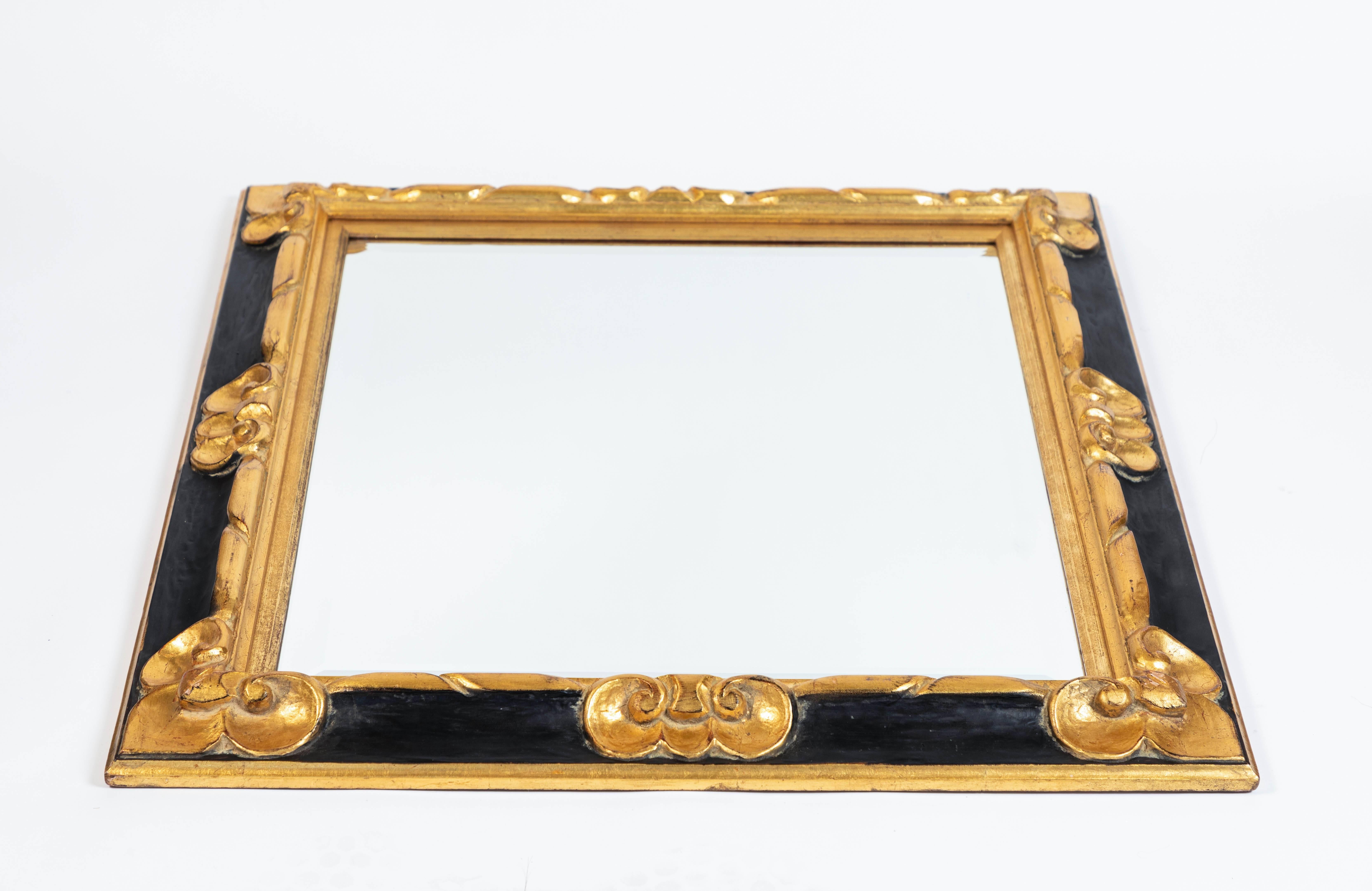 Vintage Black & Gold Finished Wood Frame Mirror In Excellent Condition In Pasadena, CA