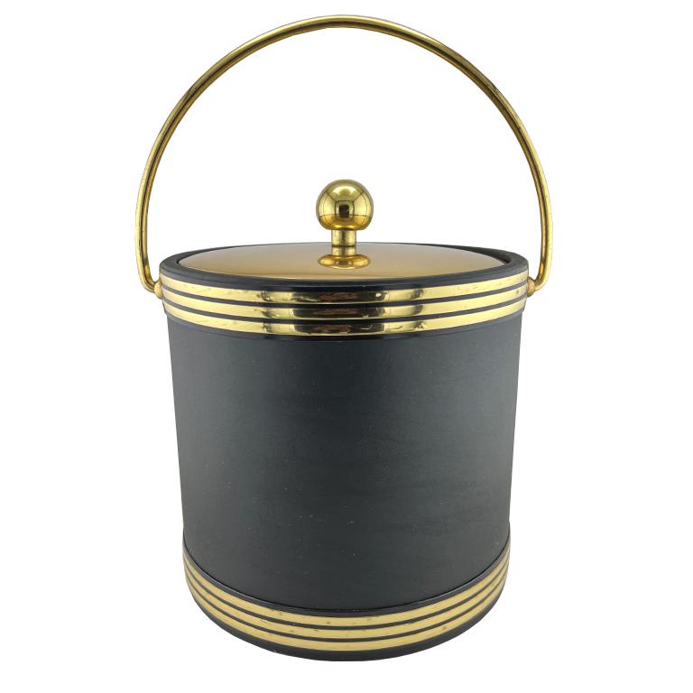 Metal Vintage Black & Gold Ice Bucket – Mid-Century Modern Barware, Hollywood Regency For Sale