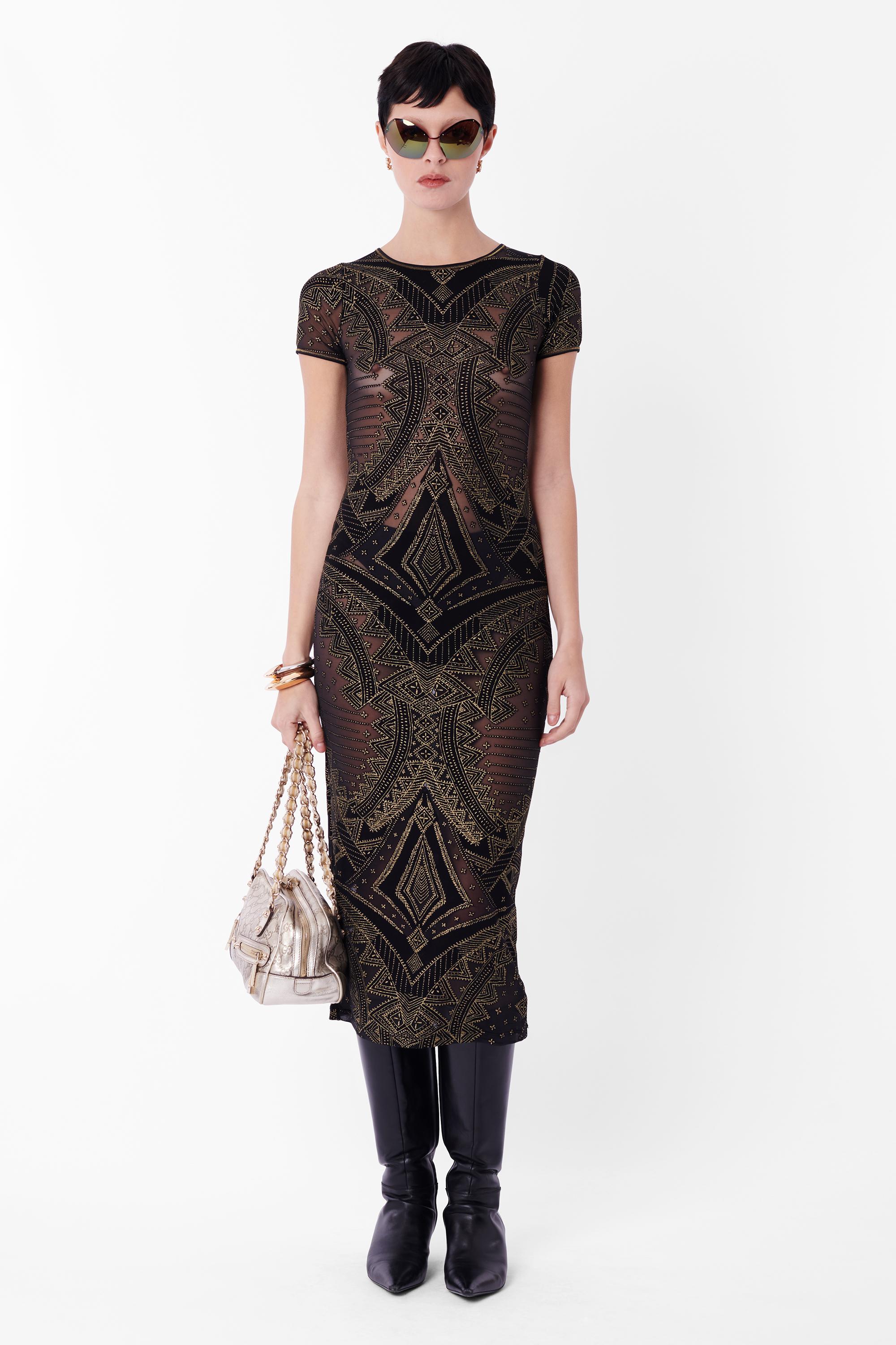 Women's Vintage Black & Gold Semi-sheer Mesh Dress For Sale