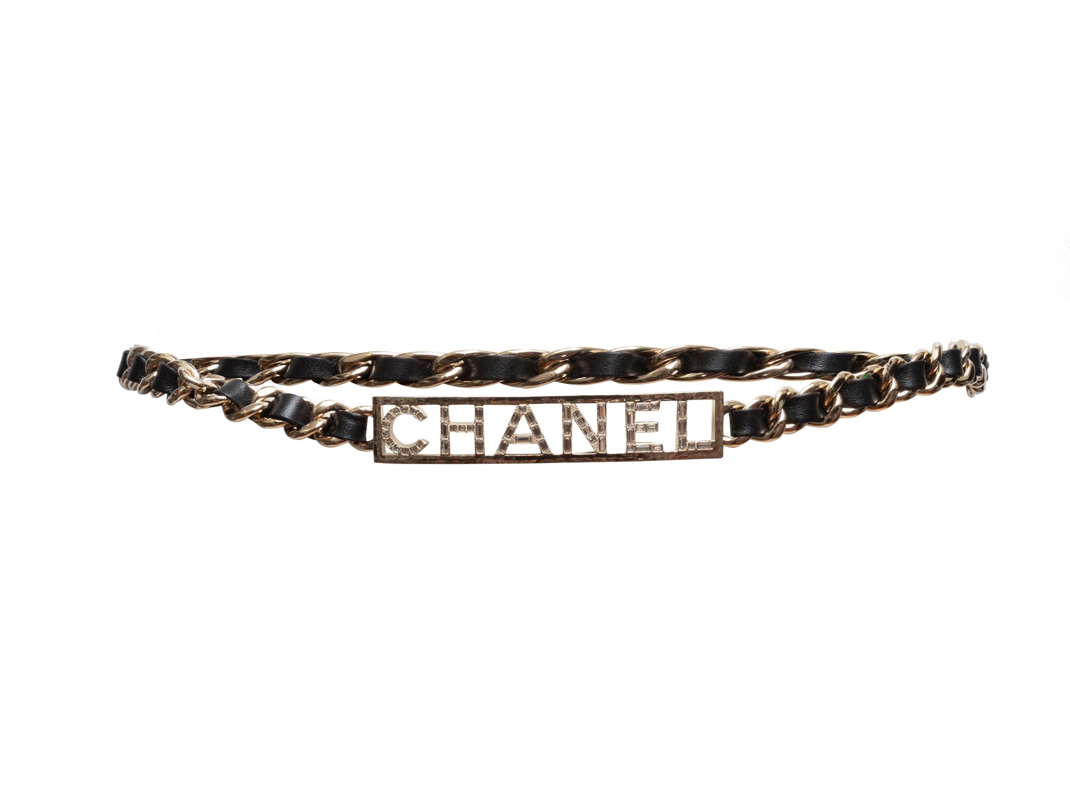 Vintage Schwarz & Gold-Ton Chanel Leder & Kette-Link Logo Gürtel im Zustand „Gut“ im Angebot in New York, NY