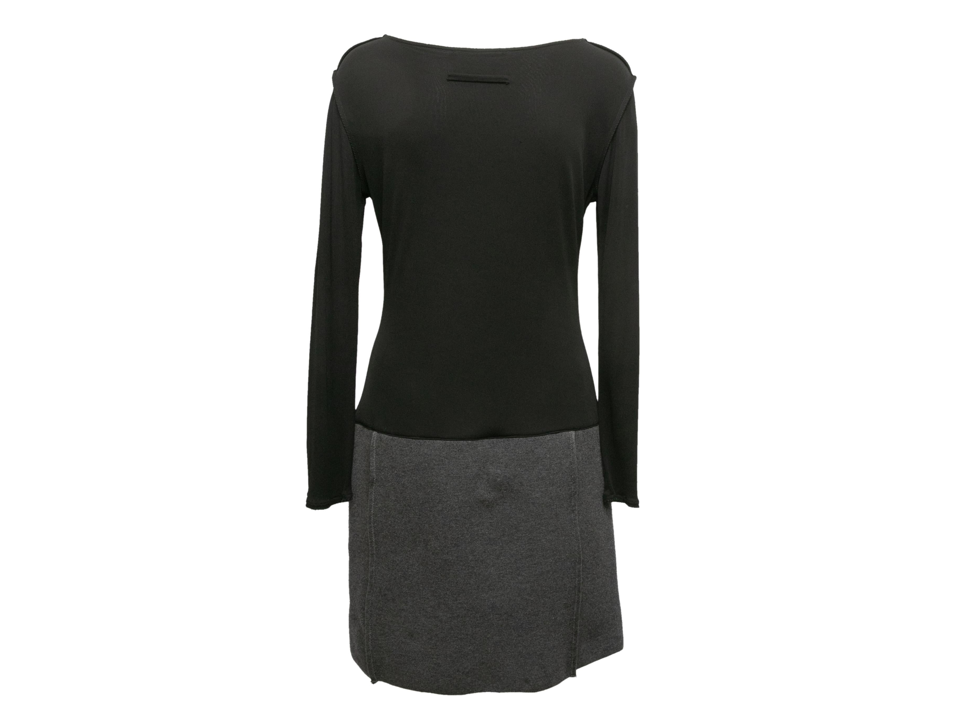Vintage black and grey virgin wool dress by Jean Paul Gaultier Maille. Round neckline. Long sleeves. 30