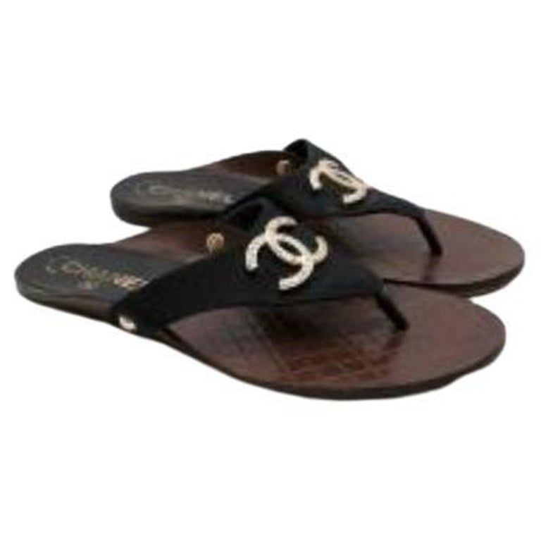 Chanel Black Metallic Suede Crystal CC Thong Flat Sandals Size