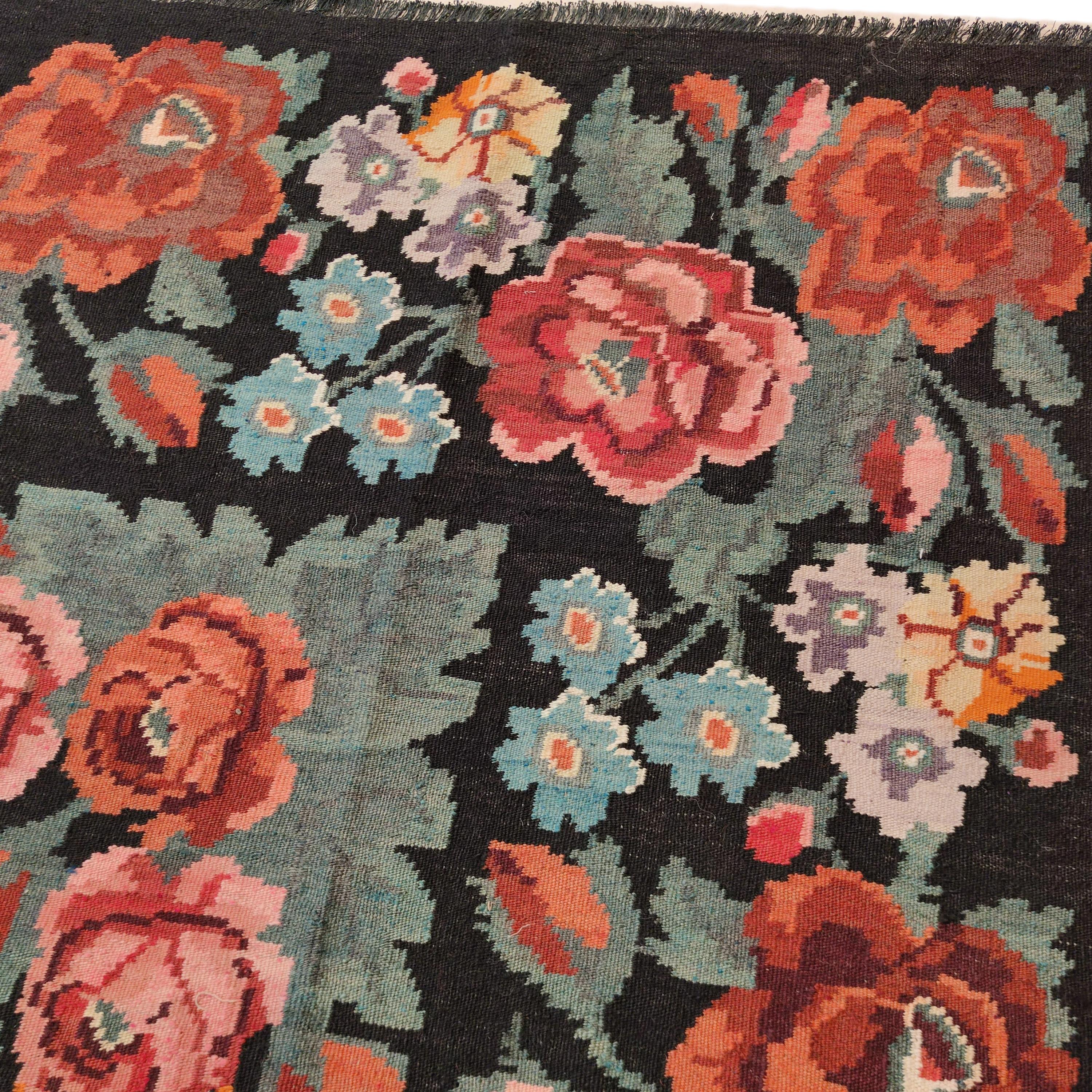 Vintage Black Ground Bessarabian Kilim with Botanical Pattern 3