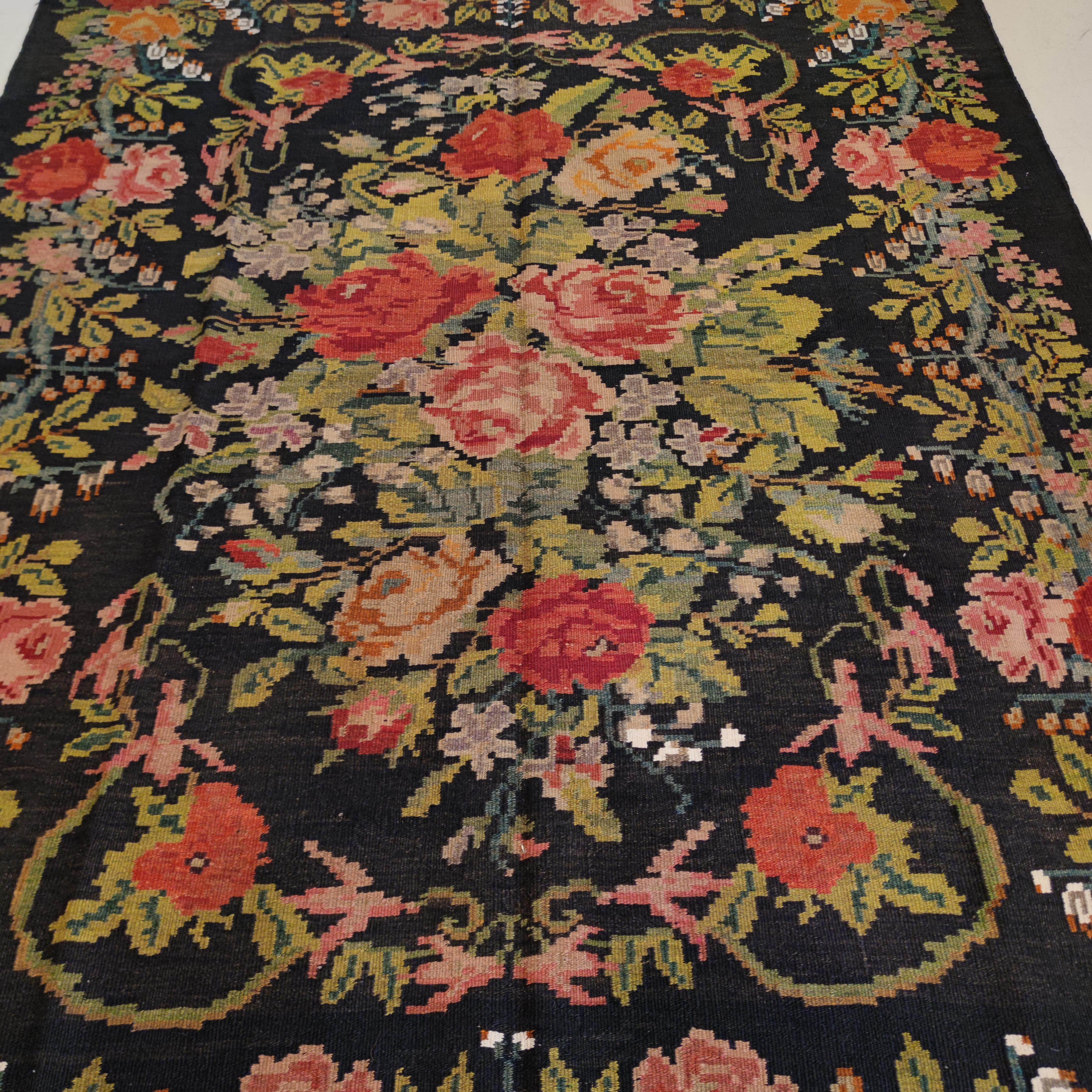 Vintage Black Ground Bessarabian Kilim with Botanical Pattern For Sale 4