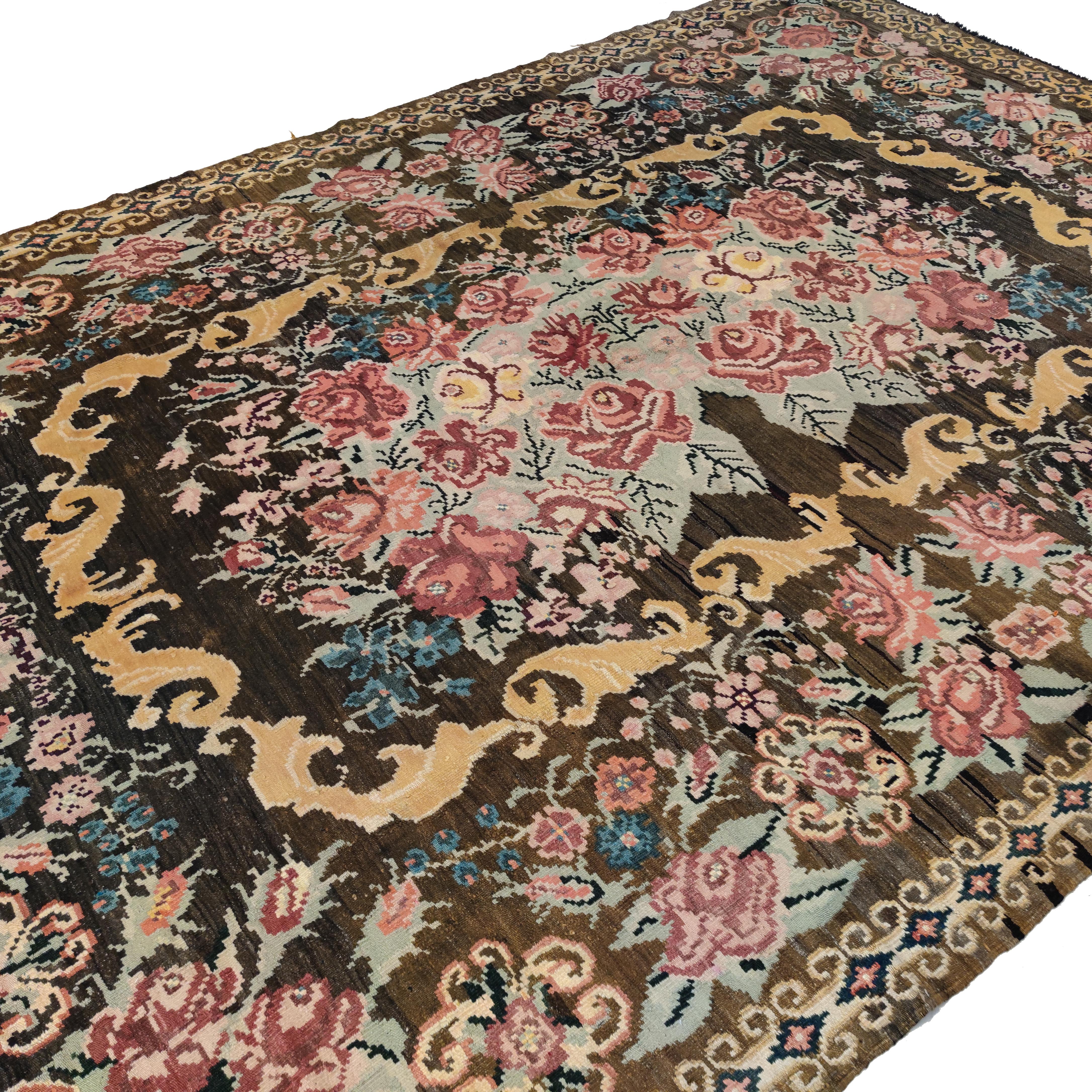 The kilims known as 'Bessarabian' were woven in the Russian regions of Ukraine and Moldovia. Intended to satisfy the demands of the Russian aristocracy at a time when continental interiors were particularly in vogue, these flat-weaves were