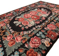 Vintage Black Ground Bessarabian Kilim with Botanical Pattern