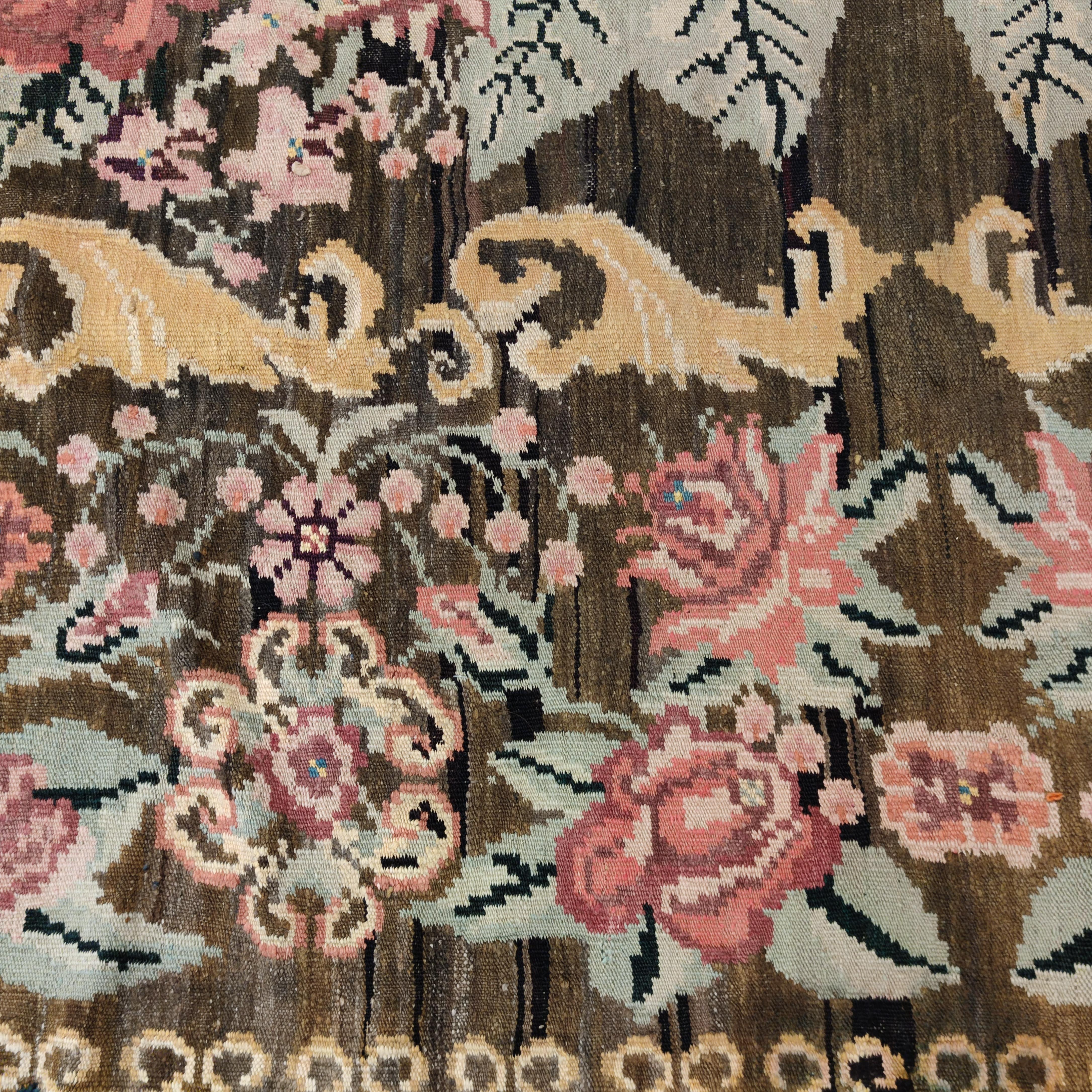 Ukrainian Vintage Black Ground Bessarabian Kilim with Botanical Pattern For Sale